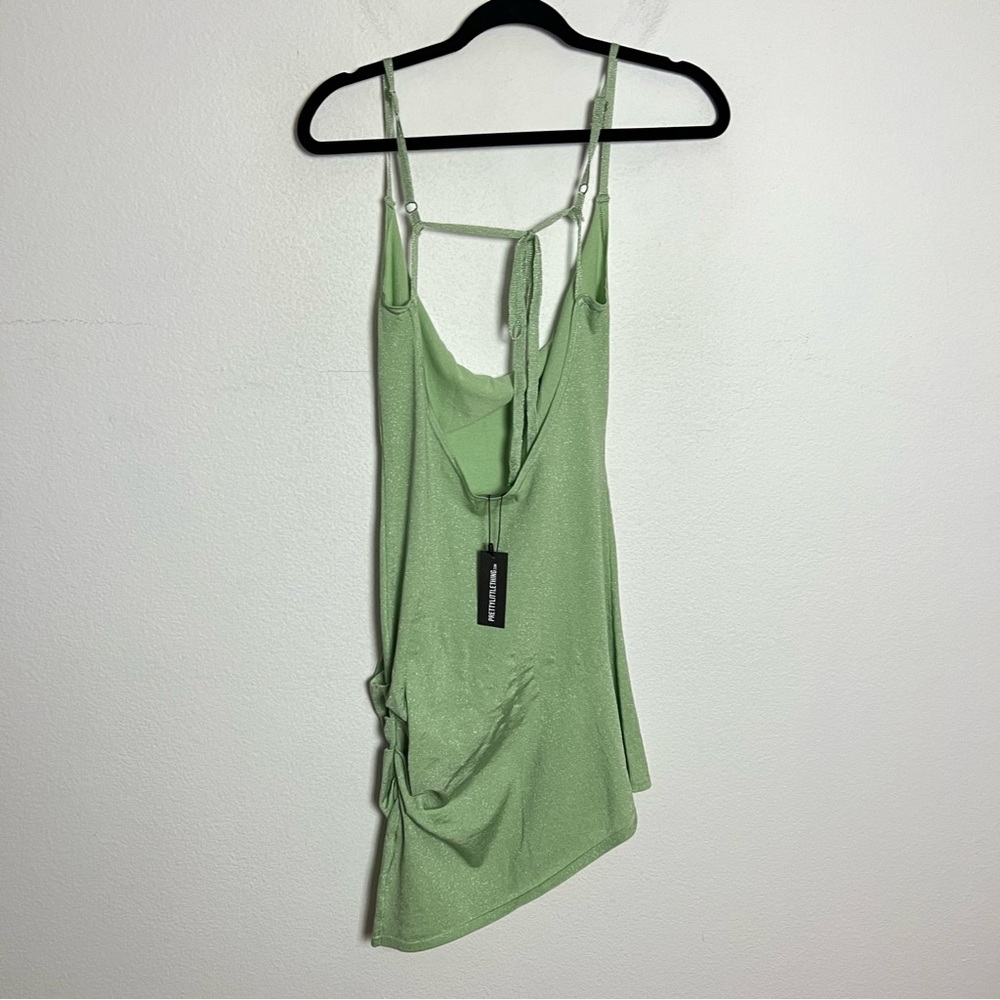 NWT Pretty Little Thing Glitter Knit Open Back Mini Tank Dress Green Size Medium - Picture 7 of 9